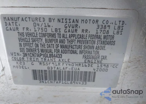 2016 Nissan Versa 1.6 S z USA, uszkodzony, nr VIN 3N1CN7AP1GL894433